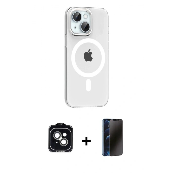 MARSİLYAN™- iPhone 14 Kılıf Pusula Form Özel Seri - Siyah 3D Antistatik Hayalet Cam Ekran Koruyucu + PVD Metal Kamera Lens - YL