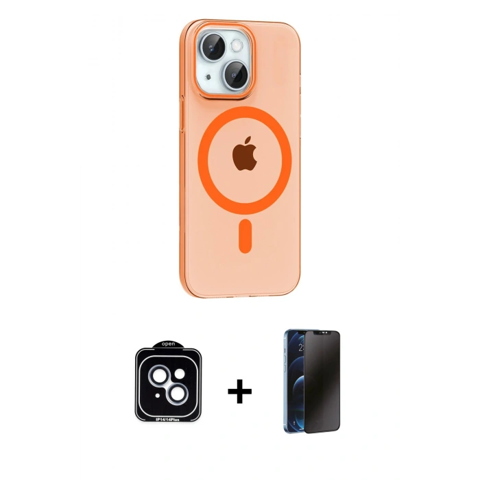 MARSİLYAN™- iPhone 14 Kılıf Pusula Form Özel Seri - Siyah 3D Antistatik Hayalet Cam Ekran Koruyucu + PVD Metal Kamera Lens - MI