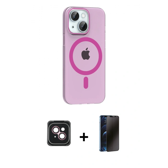 MARSİLYAN™- iPhone 14 Kılıf Pusula Form Özel Seri - Siyah 3D Antistatik Hayalet Cam Ekran Koruyucu + PVD Metal Kamera Lens - PE