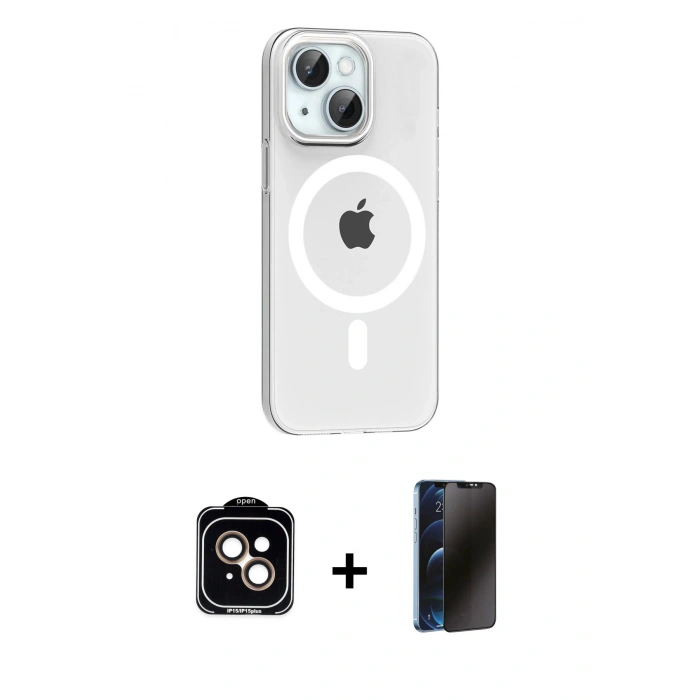 MARSİLYAN™- iPhone 14 Kılıf Pusula Form Özel Seri - Siyah 3D Antistatik Hayalet Cam Ekran Koruyucu + PVD Metal Kamera Lens - TU