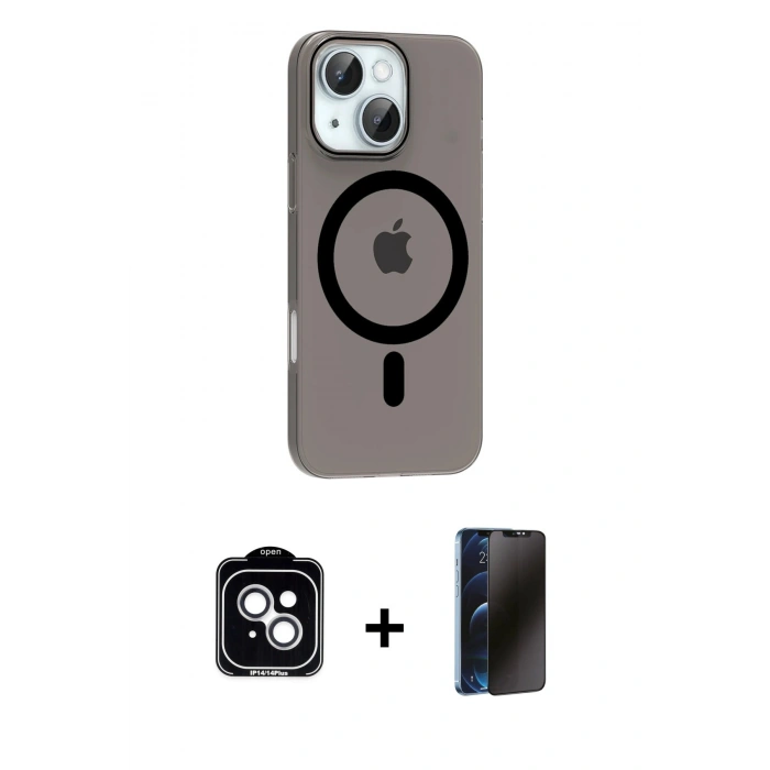 MARSİLYAN™- iPhone 14 Kılıf Pusula Form Özel Seri - Siyah 3D Antistatik Hayalet Cam Ekran Koruyucu + PVD Metal Kamera Lens - GS
