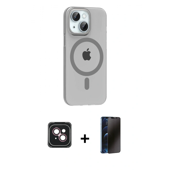 MARSİLYAN™- iPhone 14 Kılıf Pusula Form Özel Seri - Siyah 3D Antistatik Hayalet Cam Ekran Koruyucu + PVD Metal Kamera Lens - PE