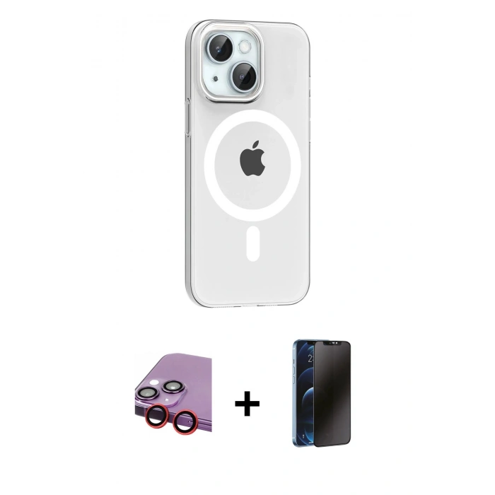MARSİLYAN™- iPhone 14 Kılıf Pusula Form Özel Seri - Siyah 3D Antistatik Hayalet Cam Ekran Koruyucu + Raze Metal Kamera Lens - KI