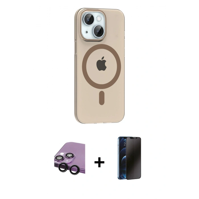 MARSİLYAN™- iPhone 14 Kılıf Pusula Form Özel Seri - Siyah 3D Antistatik Hayalet Cam Ekran Koruyucu + Raze Metal Kamera Lens - SH