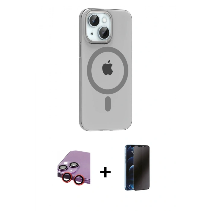 MARSİLYAN™- iPhone 14 Kılıf Pusula Form Özel Seri - Siyah 3D Antistatik Hayalet Cam Ekran Koruyucu + Raze Metal Kamera Lens - KI