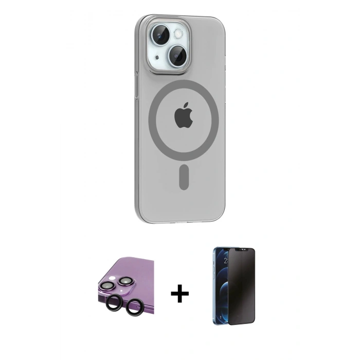 MARSİLYAN™- iPhone 14 Kılıf Pusula Form Özel Seri - Siyah 3D Antistatik Hayalet Cam Ekran Koruyucu + Raze Metal Kamera Lens - SH