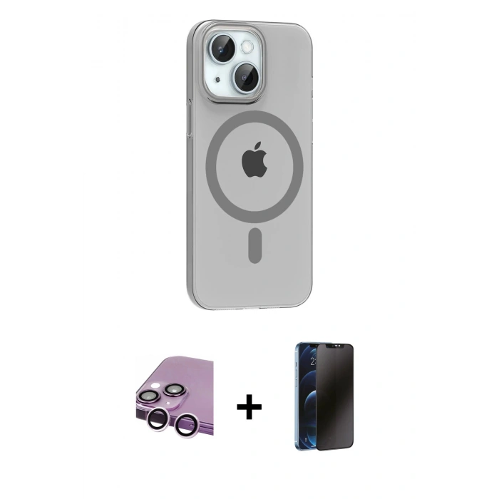 MARSİLYAN™- iPhone 14 Kılıf Pusula Form Özel Seri - Siyah 3D Antistatik Hayalet Cam Ekran Koruyucu + Raze Metal Kamera Lens - MR