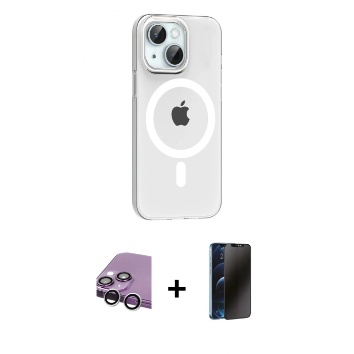 MARSİLYAN™- iPhone 14 Kılıf Pusula Form Özel Seri - Siyah 3D Antistatik Hayalet Cam Ekran Koruyucu + Raze Metal Kamera Lens - GS