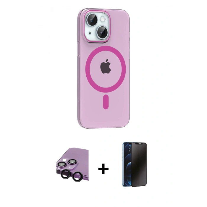MARSİLYAN™- iPhone 14 Kılıf Pusula Form Özel Seri - Siyah 3D Antistatik Hayalet Cam Ekran Koruyucu + Raze Metal Kamera Lens - SH