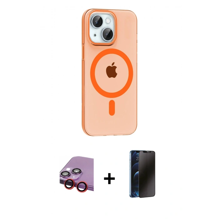 MARSİLYAN™- iPhone 14 Kılıf Pusula Form Özel Seri - Siyah 3D Antistatik Hayalet Cam Ekran Koruyucu + Raze Metal Kamera Lens - KI