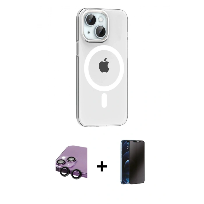MARSİLYAN™- iPhone 14 Kılıf Pusula Form Özel Seri - Siyah 3D Antistatik Hayalet Cam Ekran Koruyucu + Raze Metal Kamera Lens - SH