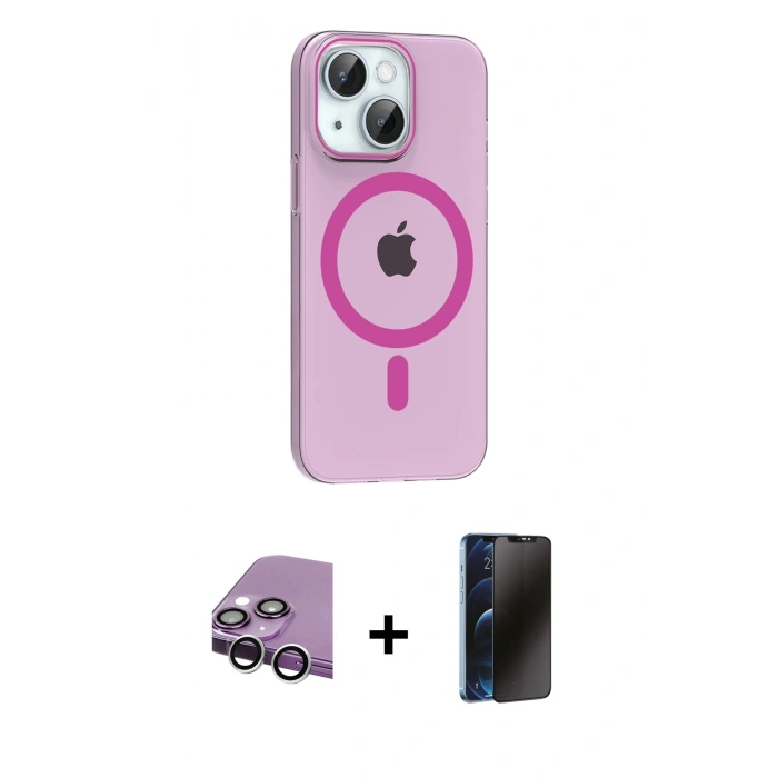 MARSİLYAN™- iPhone 14 Kılıf Pusula Form Özel Seri - Siyah 3D Antistatik Hayalet Cam Ekran Koruyucu + Raze Metal Kamera Lens - GS