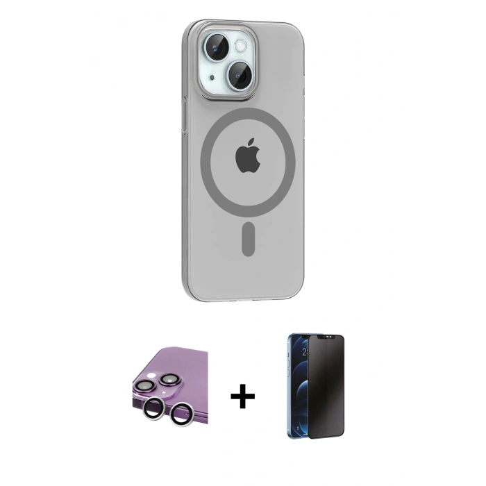 MARSİLYAN™- iPhone 14 Kılıf Pusula Form Özel Seri - Siyah 3D Antistatik Hayalet Cam Ekran Koruyucu + Raze Metal Kamera Lens - GS