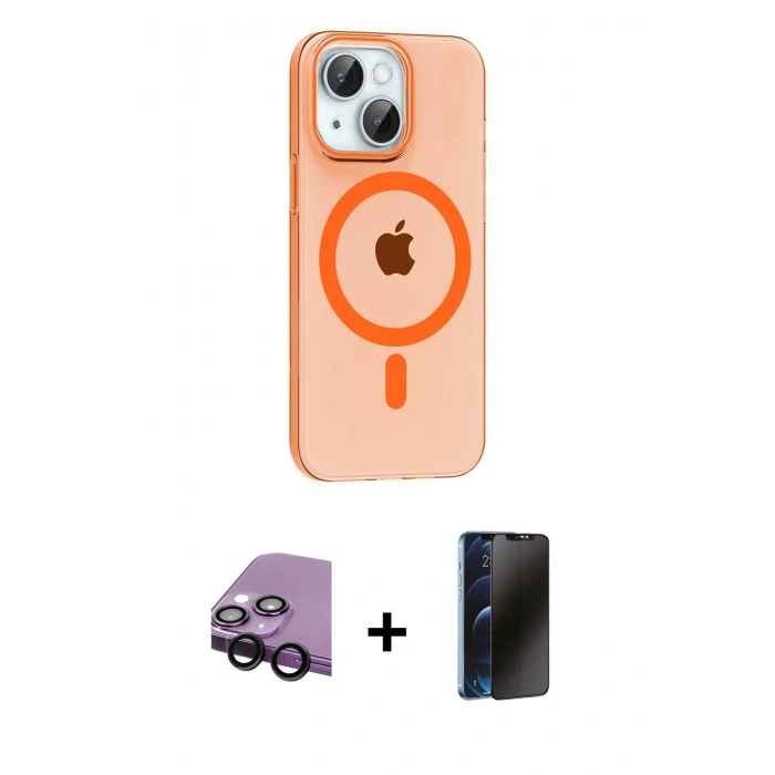 MARSİLYAN™- iPhone 14 Kılıf Pusula Form Özel Seri - Siyah 3D Antistatik Hayalet Cam Ekran Koruyucu + Raze Metal Kamera Lens - SH
