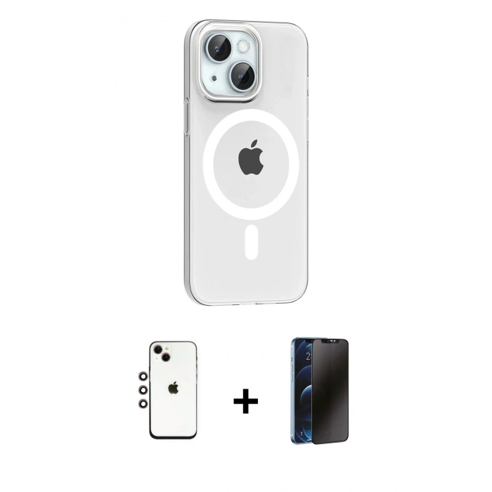MARSİLYAN™- iPhone 14 Kılıf Pusula Form Özel Seri - Siyah 3D Antistatik Hayalet Cam Ekran Koruyucu + Shine Kamera Lens - GI