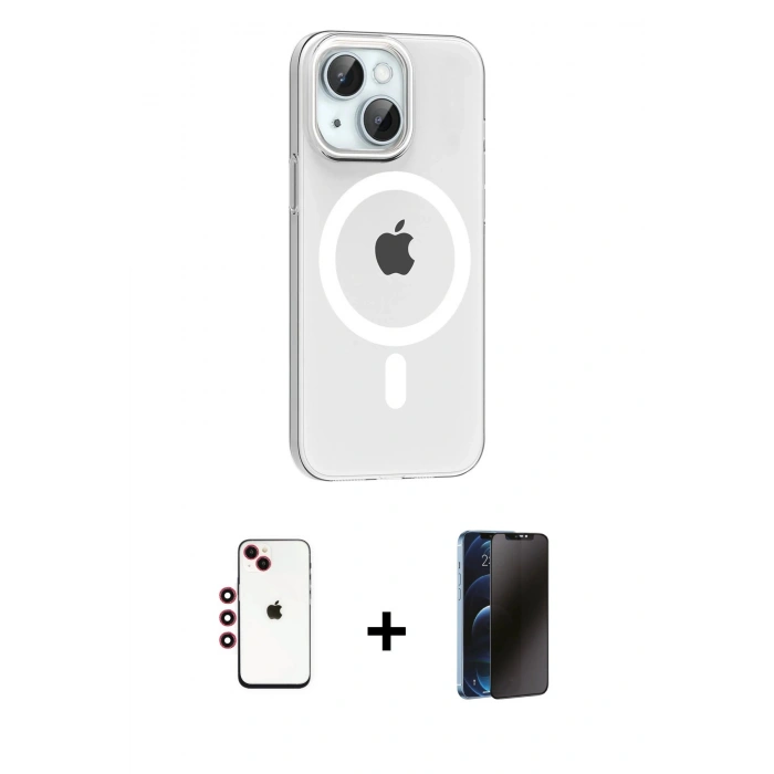 MARSİLYAN™- iPhone 14 Kılıf Pusula Form Özel Seri - Siyah 3D Antistatik Hayalet Cam Ekran Koruyucu + Shine Kamera Lens - KI