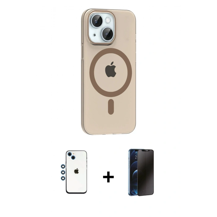 MARSİLYAN™- iPhone 14 Kılıf Pusula Form Özel Seri - Siyah 3D Antistatik Hayalet Cam Ekran Koruyucu + Shine Kamera Lens - MI