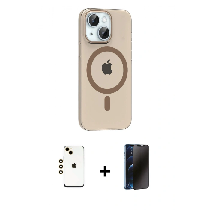 MARSİLYAN™- iPhone 14 Kılıf Pusula Form Özel Seri - Siyah 3D Antistatik Hayalet Cam Ekran Koruyucu + Shine Kamera Lens - GD