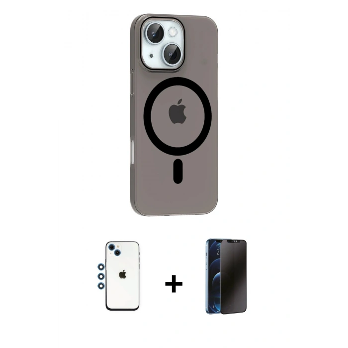 MARSİLYAN™- iPhone 14 Kılıf Pusula Form Özel Seri - Siyah 3D Antistatik Hayalet Cam Ekran Koruyucu + Shine Kamera Lens - MI