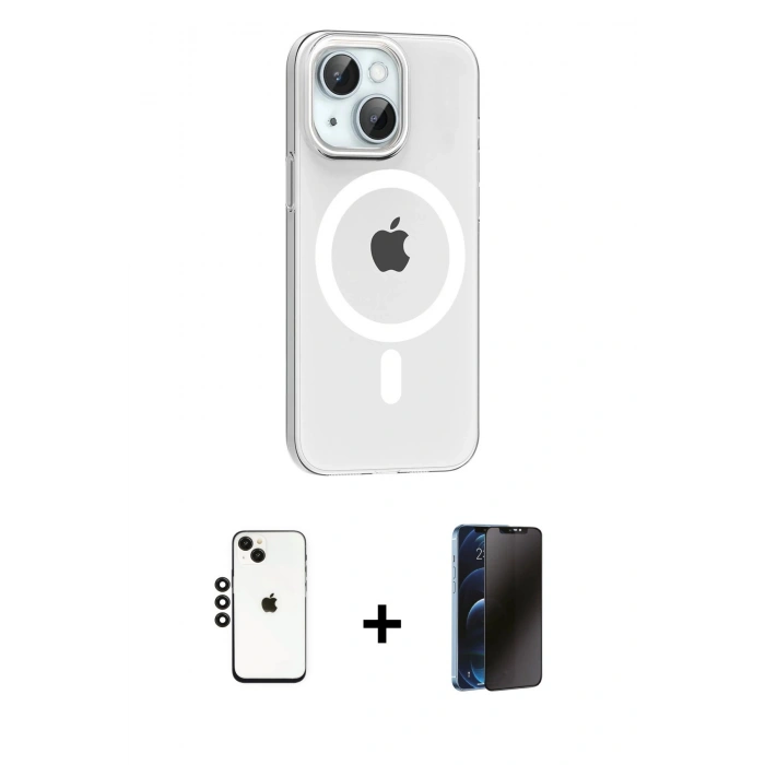 MARSİLYAN™- iPhone 14 Kılıf Pusula Form Özel Seri - Siyah 3D Antistatik Hayalet Cam Ekran Koruyucu + Shine Kamera Lens - SH