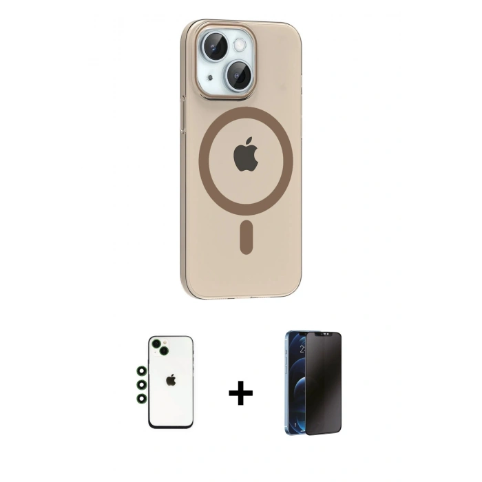 MARSİLYAN™- iPhone 14 Kılıf Pusula Form Özel Seri - Siyah 3D Antistatik Hayalet Cam Ekran Koruyucu + Shine Kamera Lens - YL