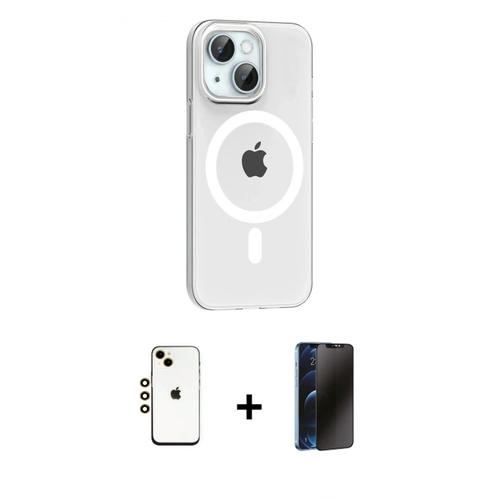MARSİLYAN™- iPhone 14 Kılıf Pusula Form Özel Seri - Siyah 3D Antistatik Hayalet Cam Ekran Koruyucu + Shine Kamera Lens - GD