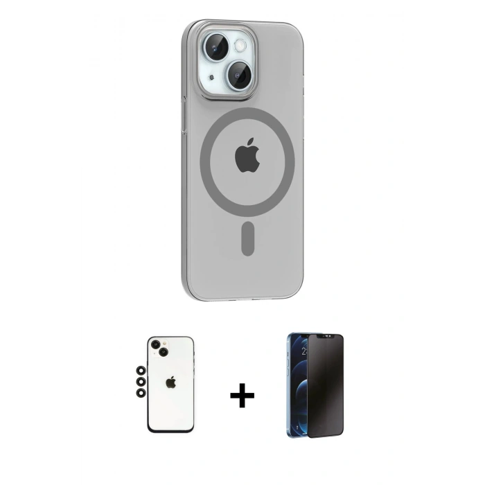 MARSİLYAN™- iPhone 14 Kılıf Pusula Form Özel Seri - Siyah 3D Antistatik Hayalet Cam Ekran Koruyucu + Shine Kamera Lens - SH