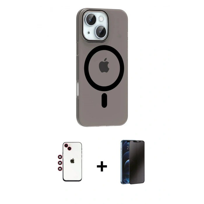 MARSİLYAN™- iPhone 14 Kılıf Pusula Form Özel Seri - Siyah 3D Antistatik Hayalet Cam Ekran Koruyucu + Shine Kamera Lens - KI