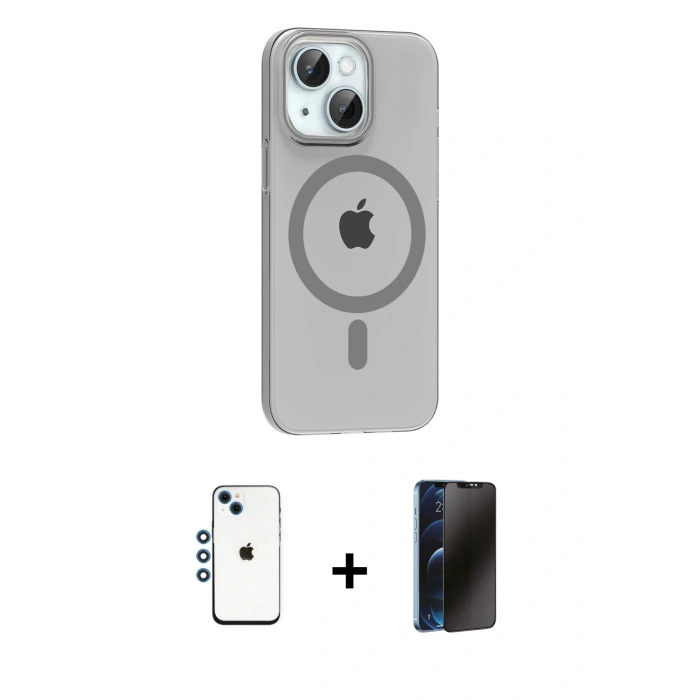 MARSİLYAN™- iPhone 14 Kılıf Pusula Form Özel Seri - Siyah 3D Antistatik Hayalet Cam Ekran Koruyucu + Shine Kamera Lens - MI