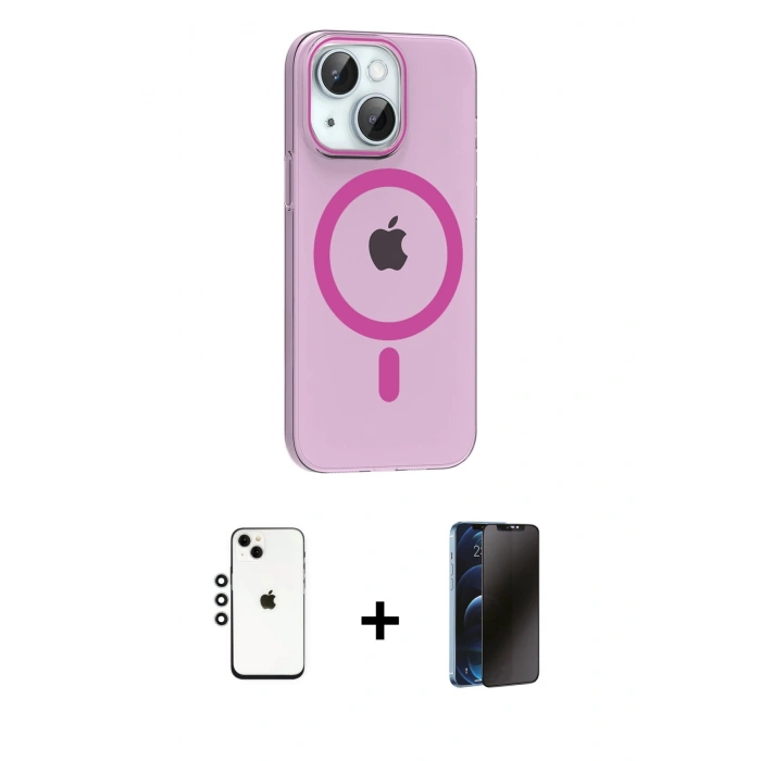 MARSİLYAN™- iPhone 14 Kılıf Pusula Form Özel Seri - Siyah 3D Antistatik Hayalet Cam Ekran Koruyucu + Shine Kamera Lens - GS