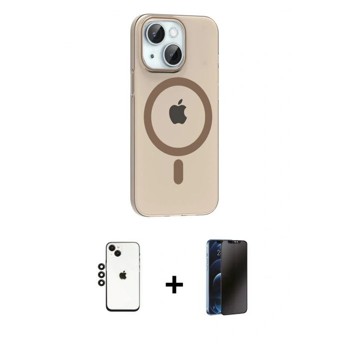 MARSİLYAN™- iPhone 14 Kılıf Pusula Form Özel Seri - Siyah 3D Antistatik Hayalet Cam Ekran Koruyucu + Shine Kamera Lens - SH