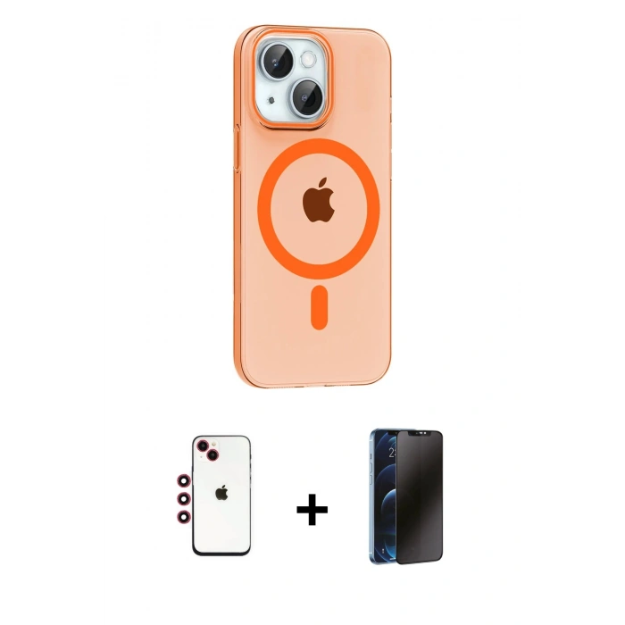 MARSİLYAN™- iPhone 14 Kılıf Pusula Form Özel Seri - Siyah 3D Antistatik Hayalet Cam Ekran Koruyucu + Shine Kamera Lens - KI