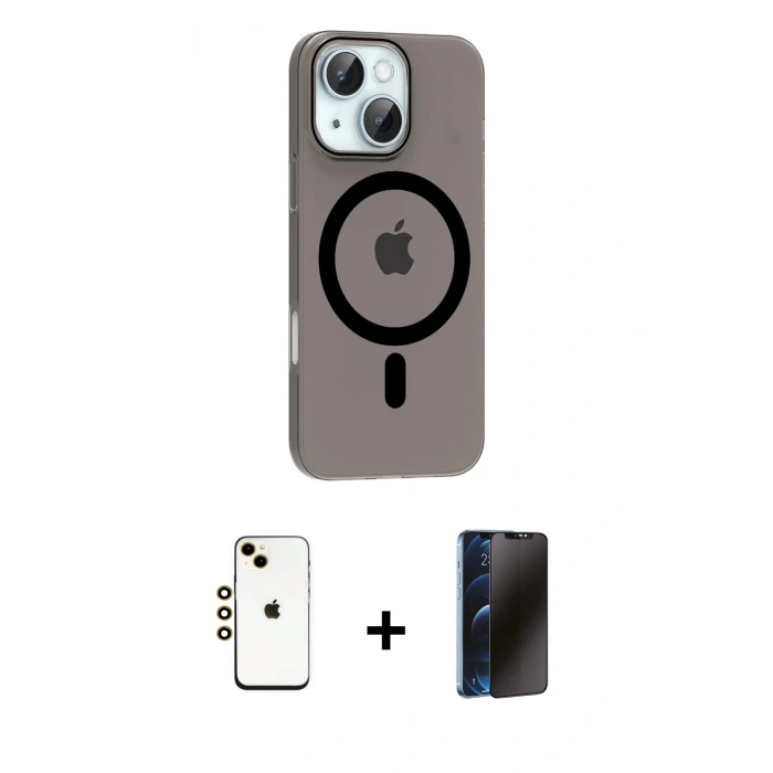 MARSİLYAN™- iPhone 14 Kılıf Pusula Form Özel Seri - Siyah 3D Antistatik Hayalet Cam Ekran Koruyucu + Shine Kamera Lens - GD