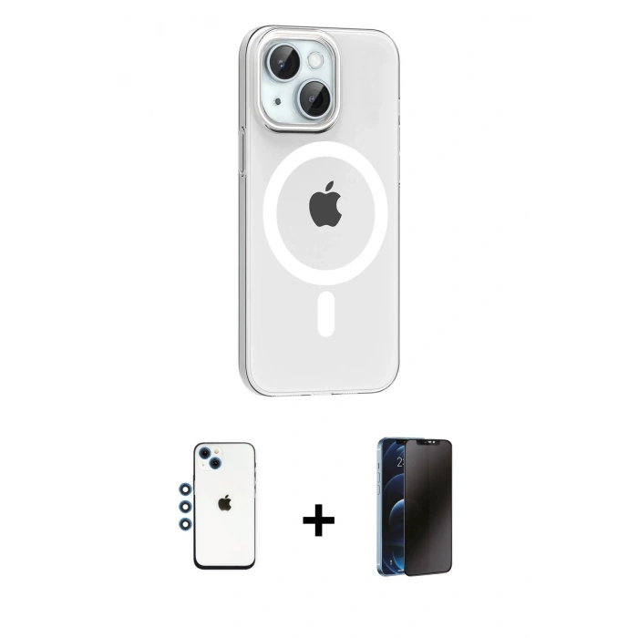 MARSİLYAN™- iPhone 14 Kılıf Pusula Form Özel Seri - Siyah 3D Antistatik Hayalet Cam Ekran Koruyucu + Shine Kamera Lens - MI
