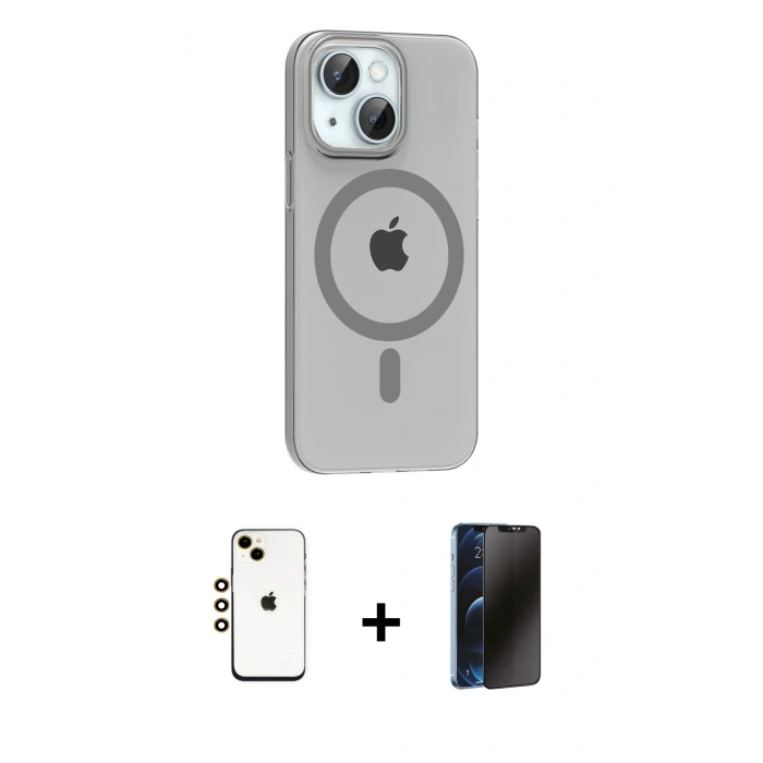 MARSİLYAN™- iPhone 14 Kılıf Pusula Form Özel Seri - Siyah 3D Antistatik Hayalet Cam Ekran Koruyucu + Shine Kamera Lens - GD