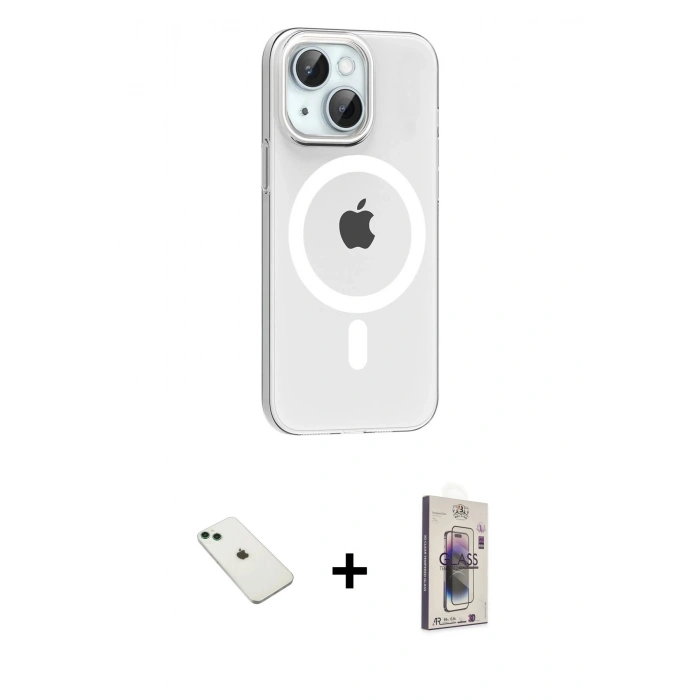 MARSİLYAN™- iPhone 14 Kılıf Pusula Form Özel Seri - Siyah Bilvis 3D Cam Ekran Koruyucu + Diamond Kamera Lens - YL