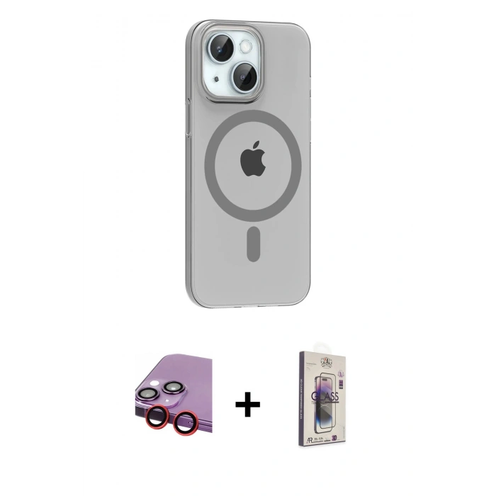 MARSİLYAN™- iPhone 14 Kılıf Pusula Form Özel Seri - Siyah Bilvis 3D Cam Ekran Koruyucu + Kırmızı Raze Metal Kamera Lens