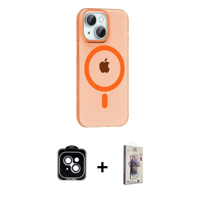 MARSİLYAN™- iPhone 14 Kılıf Pusula Form Özel Seri - Siyah Bilvis 3D Cam Ekran Koruyucu + PVD Metal Kamera Lens - MI