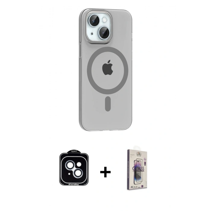 MARSİLYAN™- iPhone 14 Kılıf Pusula Form Özel Seri - Siyah Bilvis 3D Cam Ekran Koruyucu + PVD Metal Kamera Lens - MI