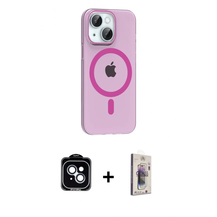 MARSİLYAN™- iPhone 14 Kılıf Pusula Form Özel Seri - Siyah Bilvis 3D Cam Ekran Koruyucu + PVD Metal Kamera Lens - MI