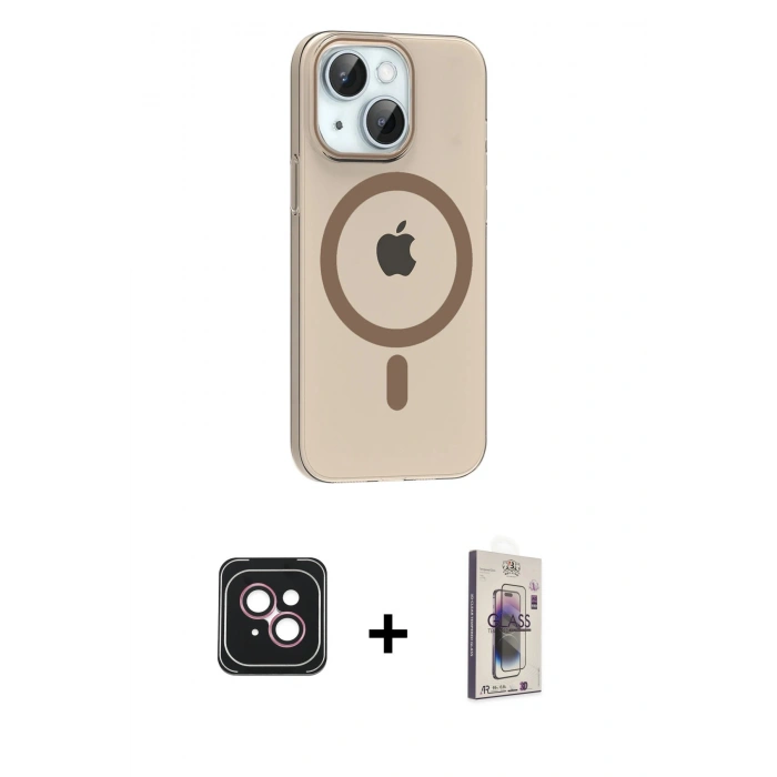 MARSİLYAN™- iPhone 14 Kılıf Pusula Form Özel Seri - Siyah Bilvis 3D Cam Ekran Koruyucu + PVD Metal Kamera Lens - PE