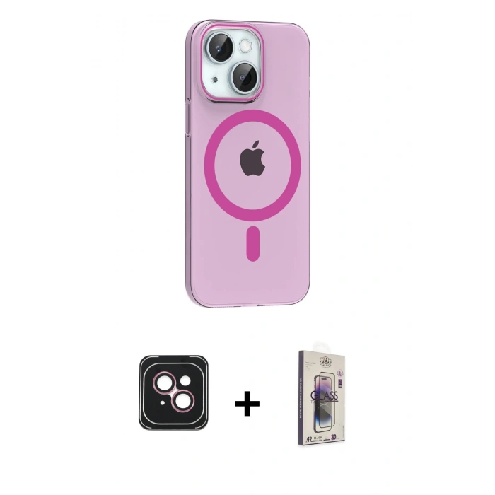 MARSİLYAN™- iPhone 14 Kılıf Pusula Form Özel Seri - Siyah Bilvis 3D Cam Ekran Koruyucu + PVD Metal Kamera Lens - PE