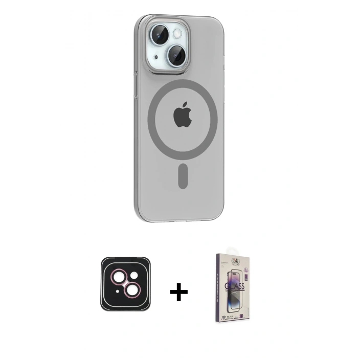 MARSİLYAN™- iPhone 14 Kılıf Pusula Form Özel Seri - Siyah Bilvis 3D Cam Ekran Koruyucu + PVD Metal Kamera Lens - PE