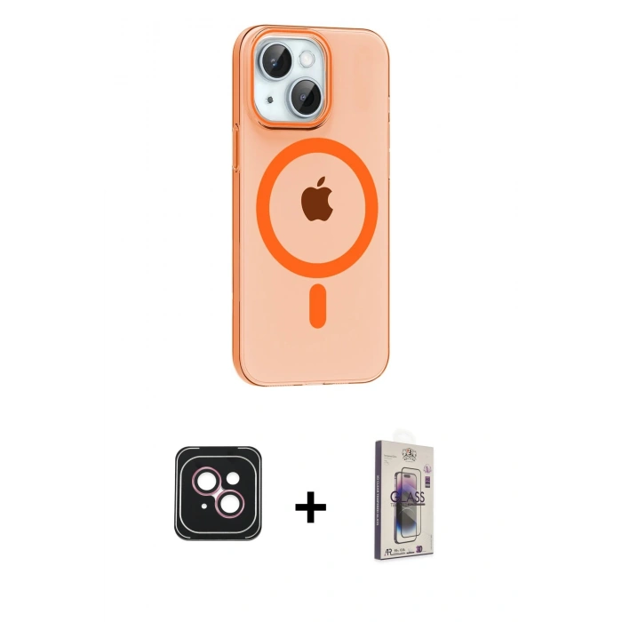 MARSİLYAN™- iPhone 14 Kılıf Pusula Form Özel Seri - Siyah Bilvis 3D Cam Ekran Koruyucu + PVD Metal Kamera Lens - PE