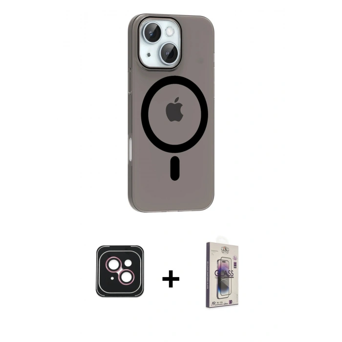 MARSİLYAN™- iPhone 14 Kılıf Pusula Form Özel Seri - Siyah Bilvis 3D Cam Ekran Koruyucu + PVD Metal Kamera Lens - PE