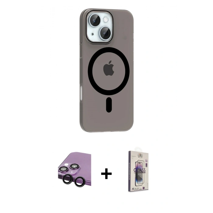 MARSİLYAN™- iPhone 14 Kılıf Pusula Form Özel Seri - Siyah Bilvis 3D Cam Ekran Koruyucu + Raze Metal Kamera Lens - SH