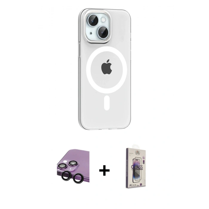 MARSİLYAN™- iPhone 14 Kılıf Pusula Form Özel Seri - Siyah Bilvis 3D Cam Ekran Koruyucu + Raze Metal Kamera Lens - SH