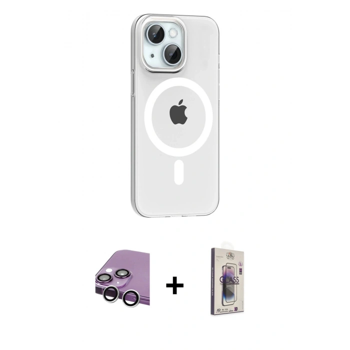 MARSİLYAN™- iPhone 14 Kılıf Pusula Form Özel Seri - Siyah Bilvis 3D Cam Ekran Koruyucu + Raze Metal Kamera Lens - GS