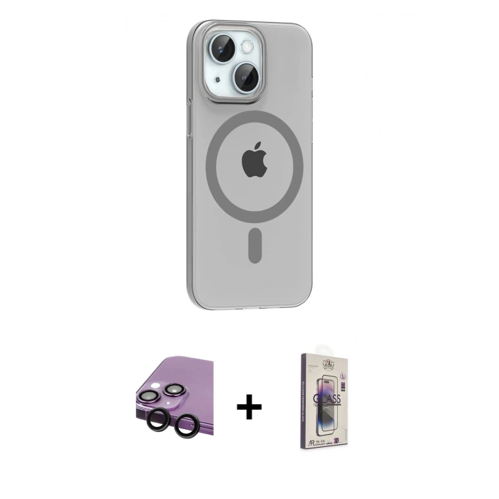 MARSİLYAN™- iPhone 14 Kılıf Pusula Form Özel Seri - Siyah Bilvis 3D Cam Ekran Koruyucu + Raze Metal Kamera Lens - SH