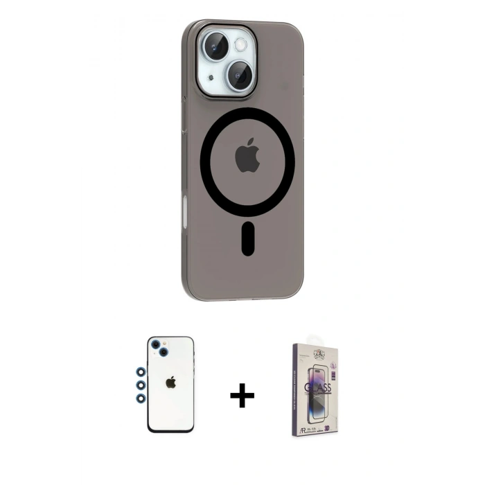 MARSİLYAN™- iPhone 14 Kılıf Pusula Form Özel Seri - Siyah Bilvis 3D Cam Ekran Koruyucu + Shine Kamera Lens - MI